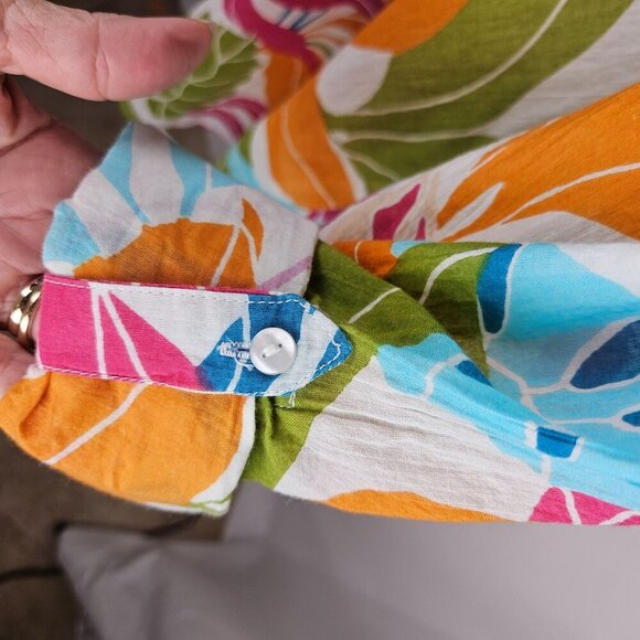 True Destinations Medium Button Long Shirt Multicolor Tropical Print Boho Beach - Picture 5 of 10